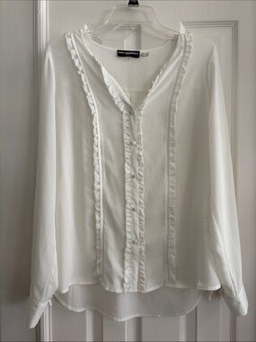 Karl Lagerfeld Paris White Ruffle Trim Button Front long sleeve Blouse Women’s M